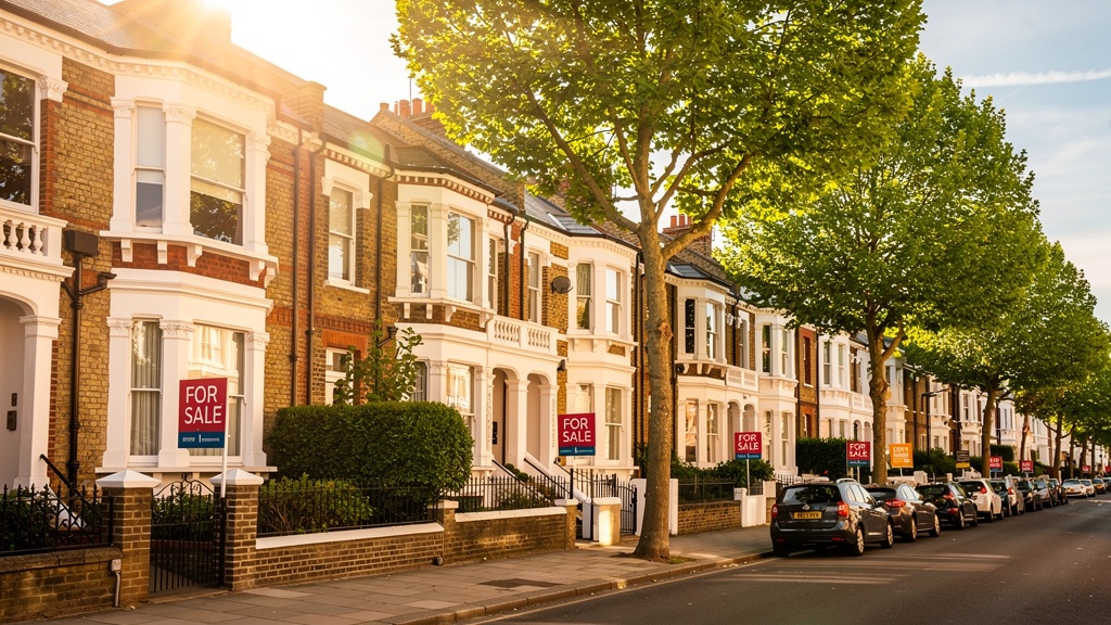Victorian terraced houses in Balham South London with for sale signs