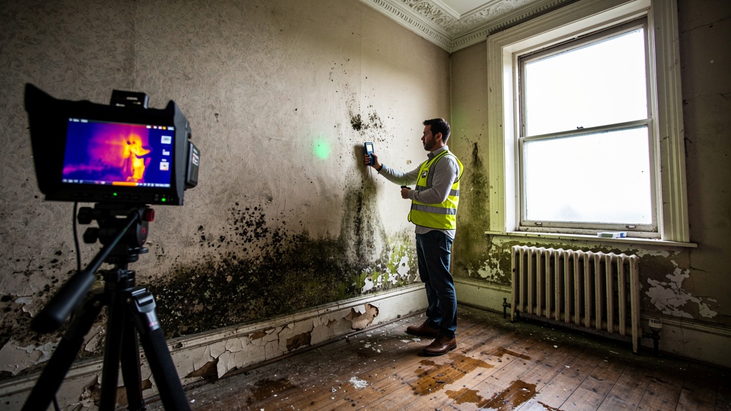 Surveyor checking for damp in a Victorian house wall using moisture meter