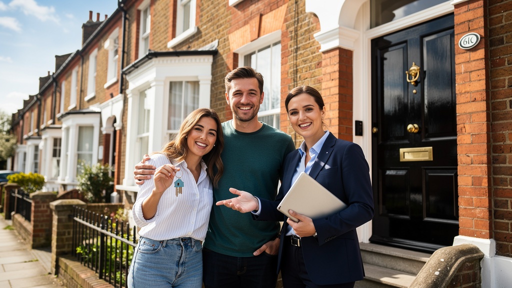 First time buyer couple with keys outside a Victorian house in London