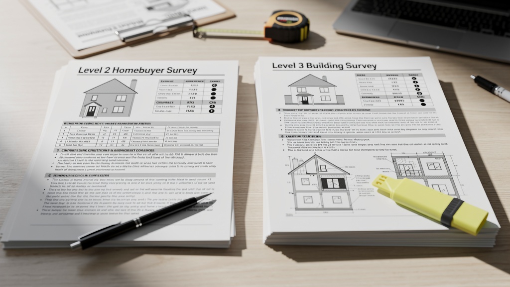 RICS Level 2 vs Level 3 survey report documents compared on a desk