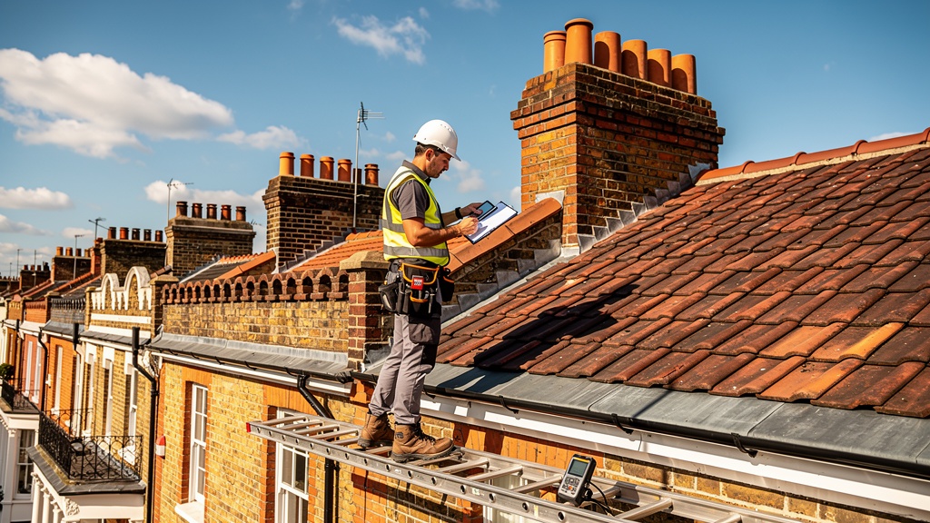 Property surveyor inspecting a Victorian terraced house roof in London