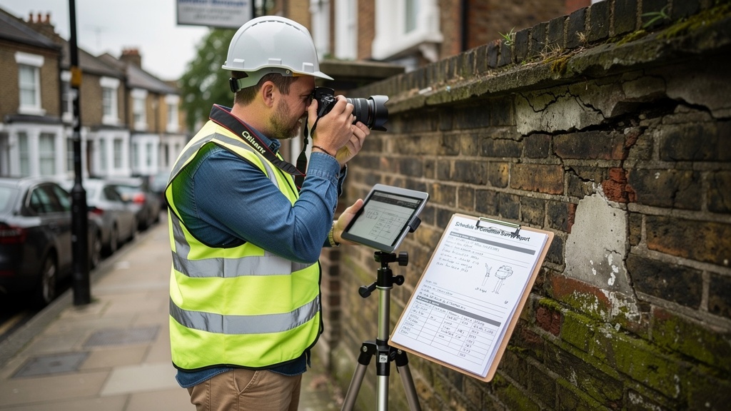 Surveyor photographing a boundary wall for a schedule of condition before building works