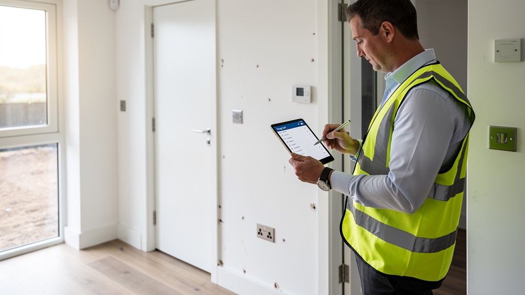 Surveyor checking for snagging defects in a new build property