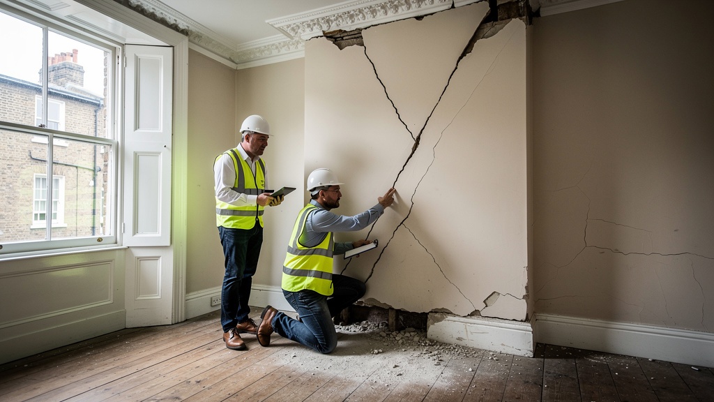 Surveyor and structural engineer examining cracks and structural defects in a London property