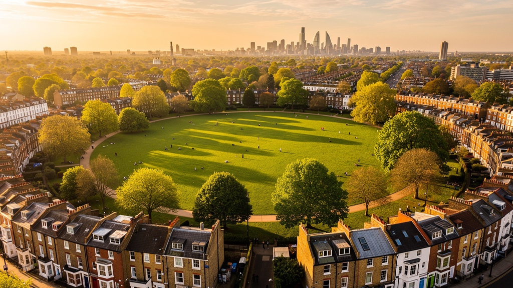 Aerial view of Clapham Common and surrounding Victorian terraced houses in South London