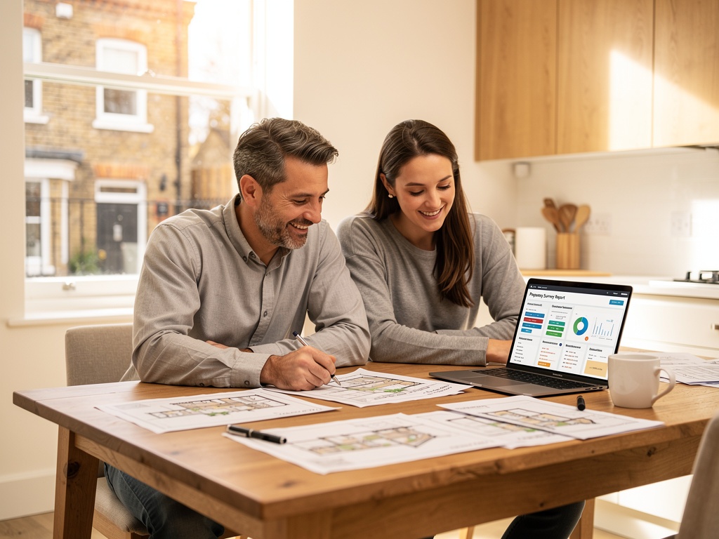 Couple reviewing their RICS Level 2 home survey report on a laptop